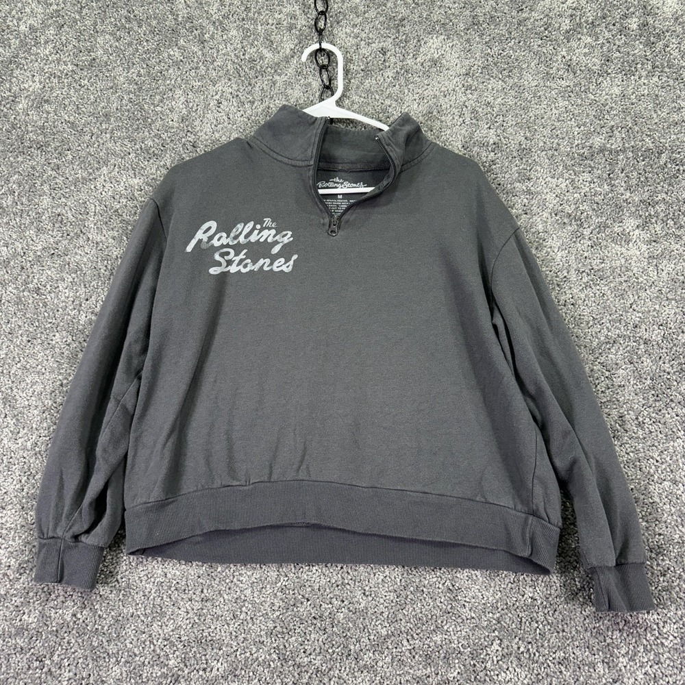 The Rolling Stones Sweatshirt Womens Medium Gray Fleece 1/4 Zip Graphic Logo